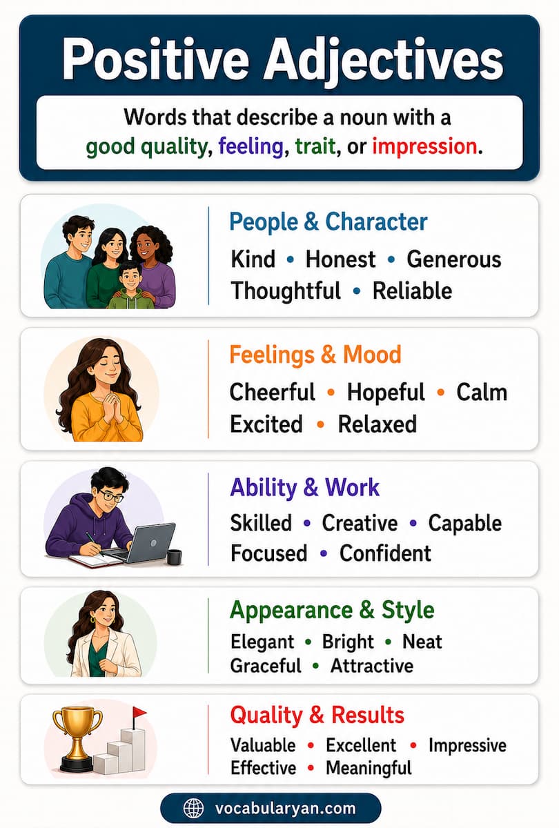Positive adjectives such as kind, generous, confident, honest, cheerful, and patient