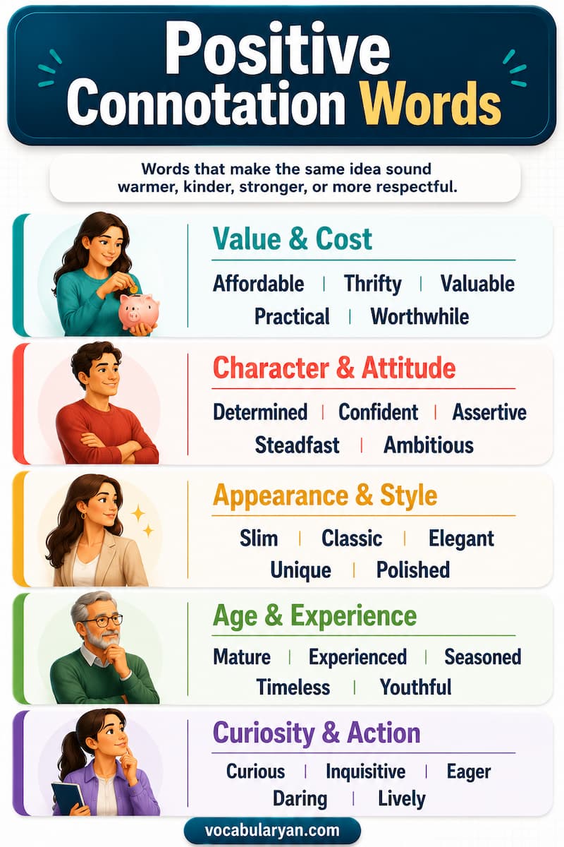 Positive connotation words such as inexpensive, youthful, determined, curious, and confident