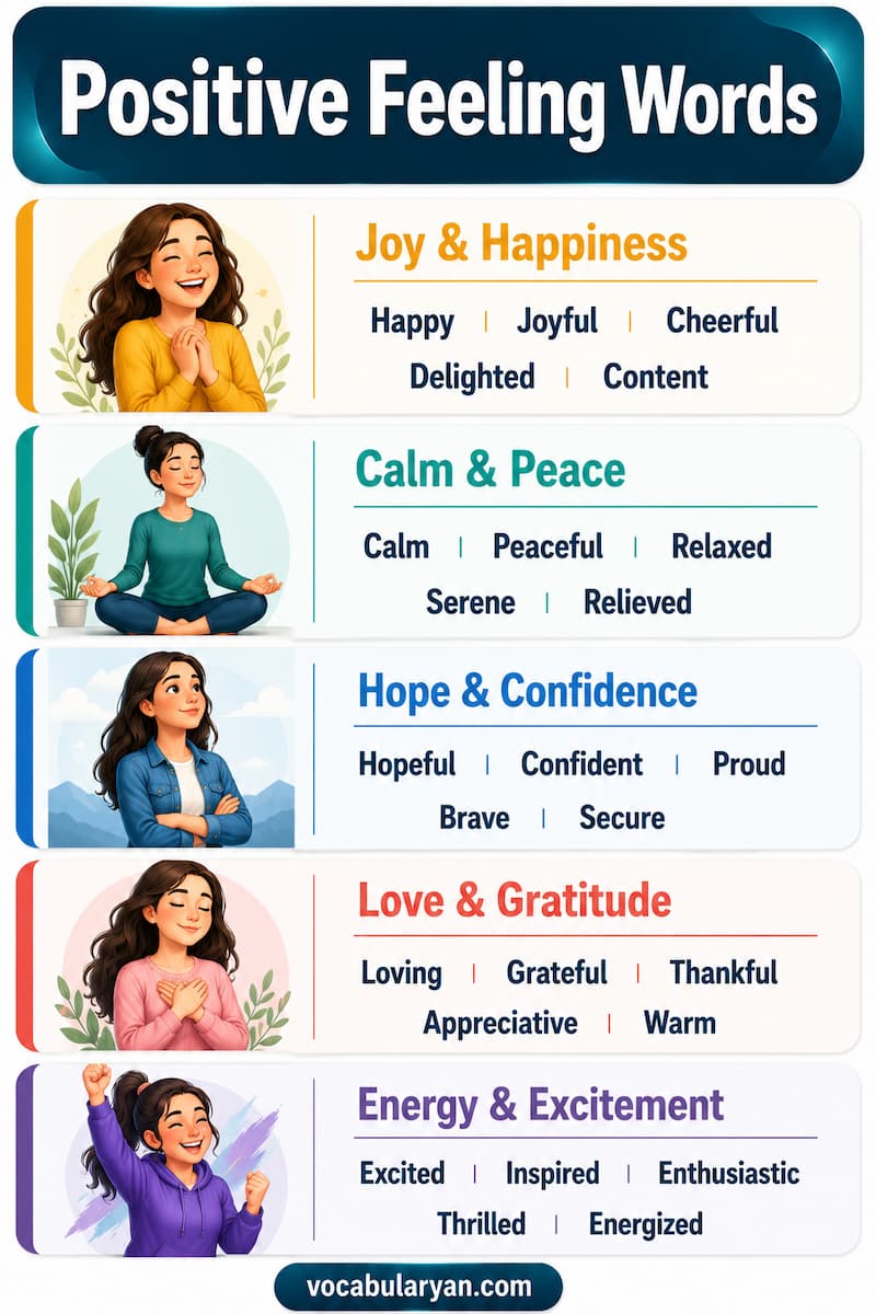Positive feeling words such as joyful, calm, grateful, hopeful, and confident