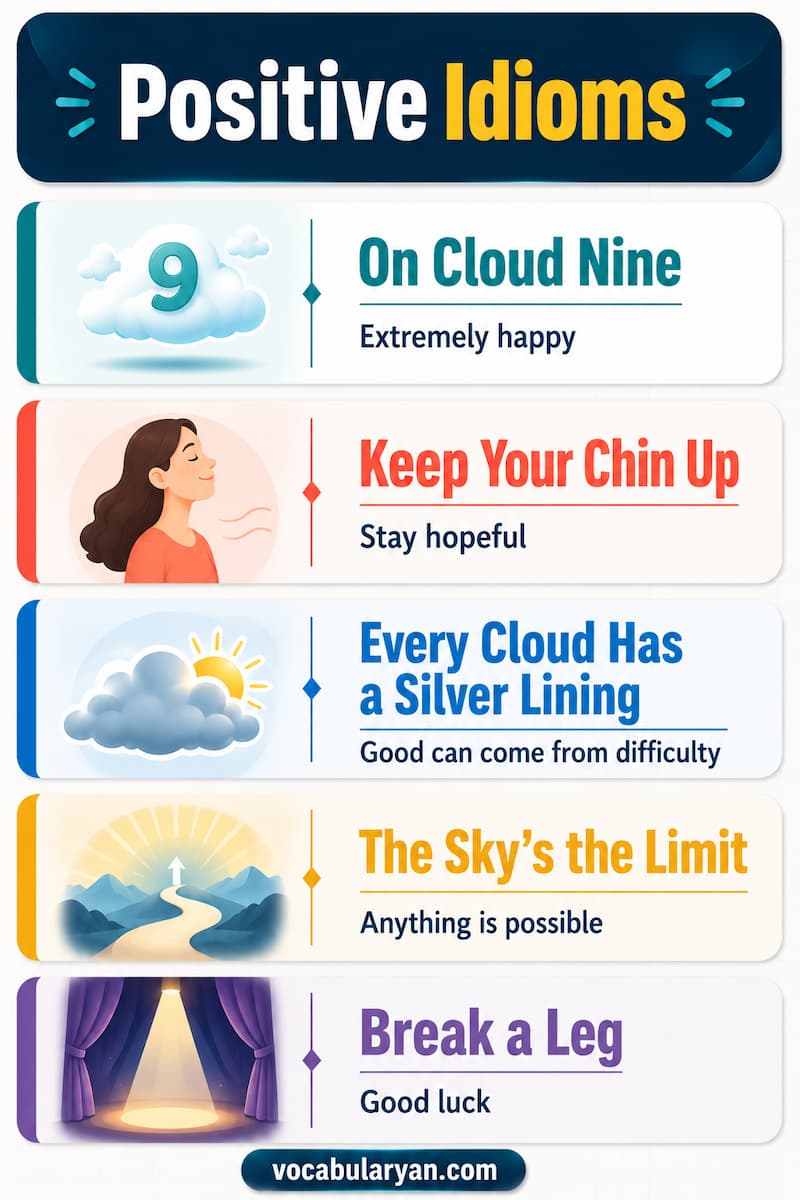 Positive idioms such as on cloud nine, silver lining, and bright side