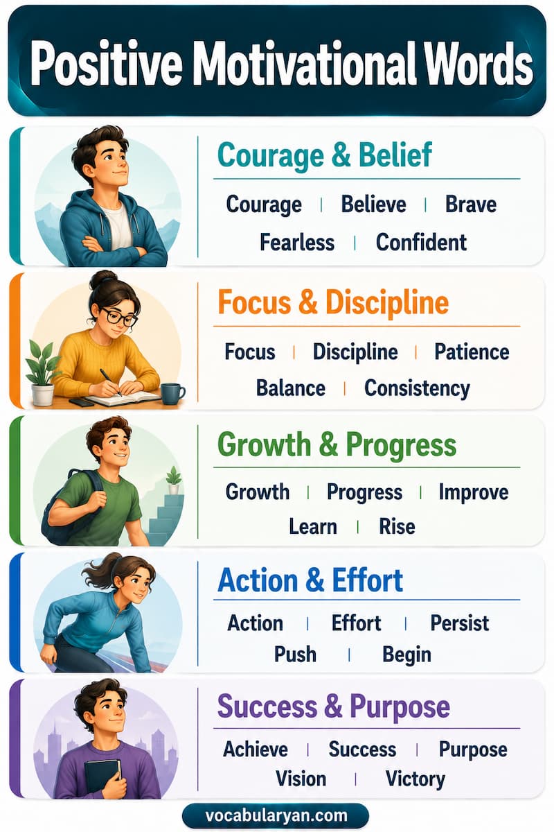 Positive motivational words such as inspired, determined, ambitious, focused, and courageous