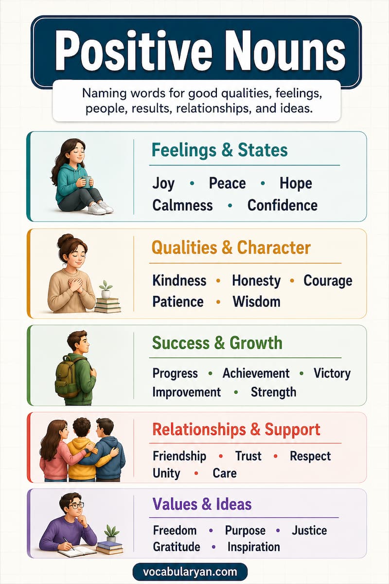 positive nouns such as hope, kindness, courage, peace, success, and respect
