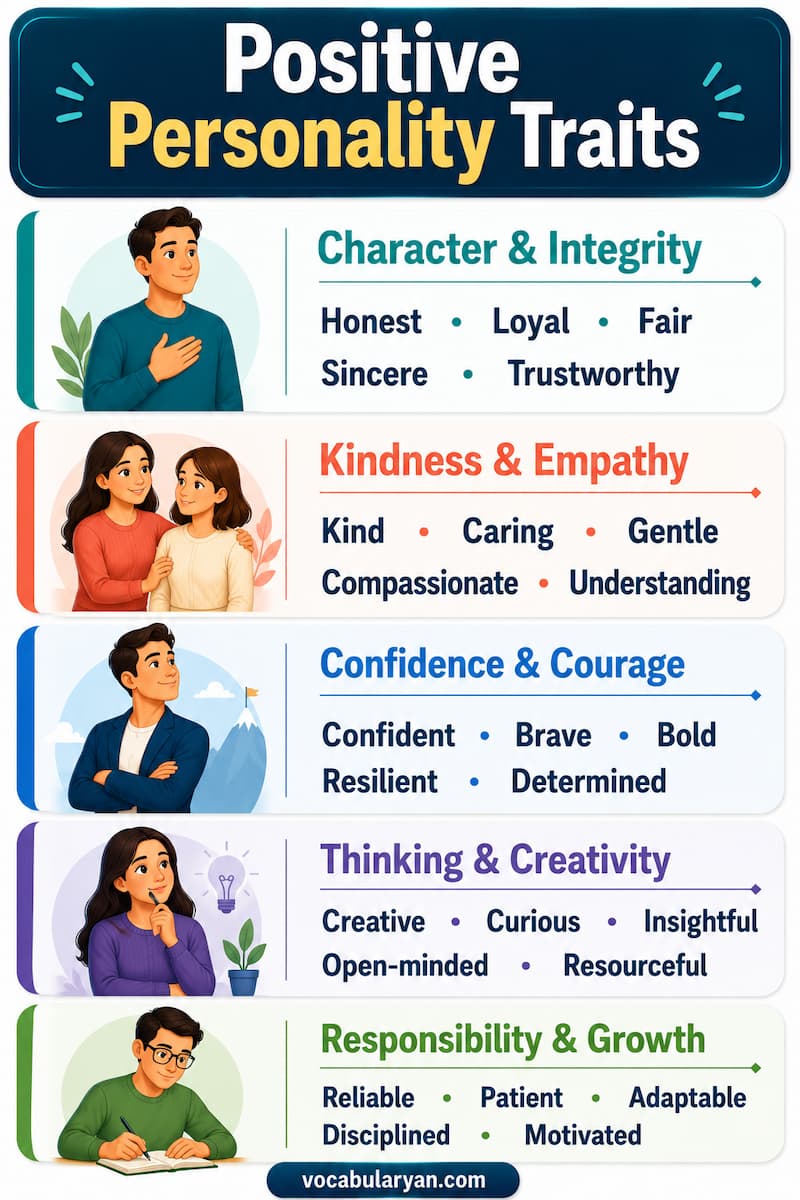 Positive personality traits such as honest, kind, confident, patient, and dependable