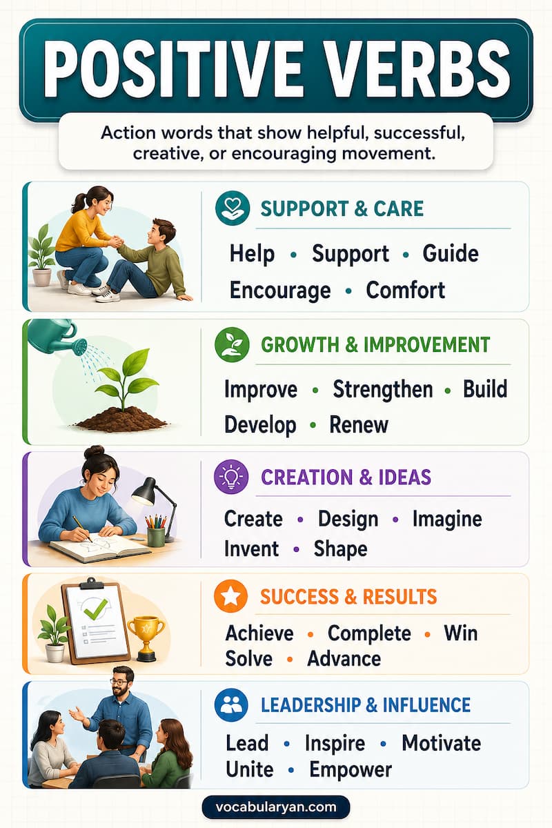 Positive verbs such as encourage, support, improve, create, inspire, and achieve