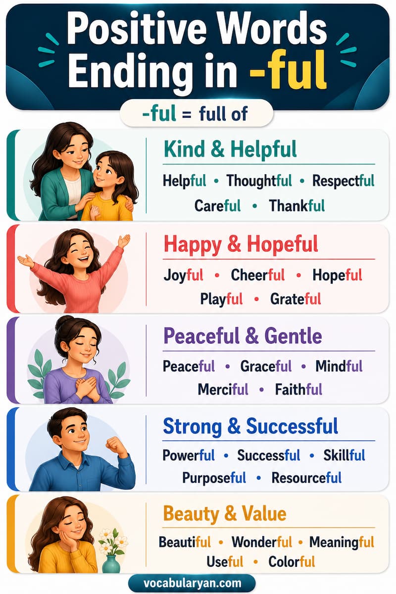 Positive words ending in -ful such as beautiful, grateful, hopeful, joyful, and peaceful
