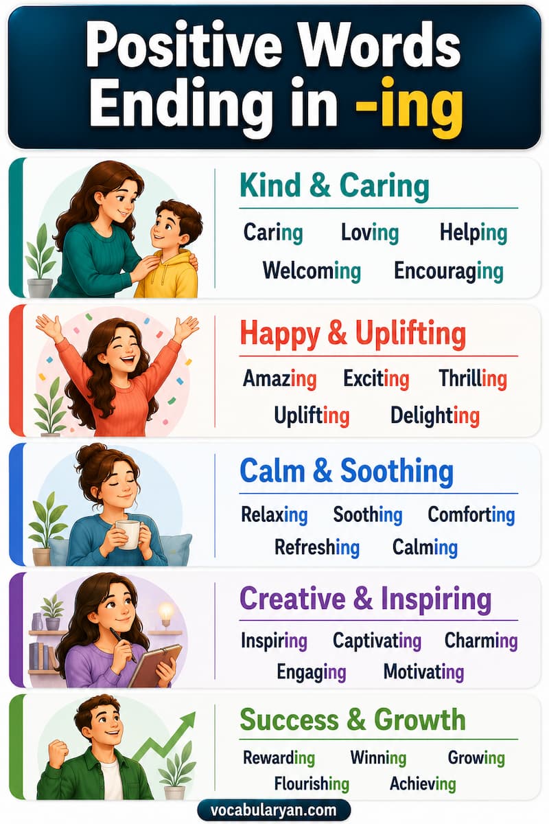 Positive words ending in -ing such as amazing, caring, charming, exciting, and inspiring