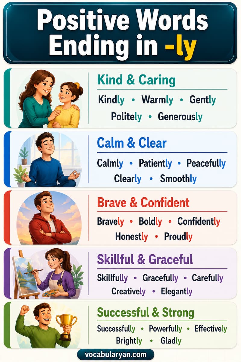 Positive words ending in -ly such as kindly, warmly, happily, calmly, and bravely