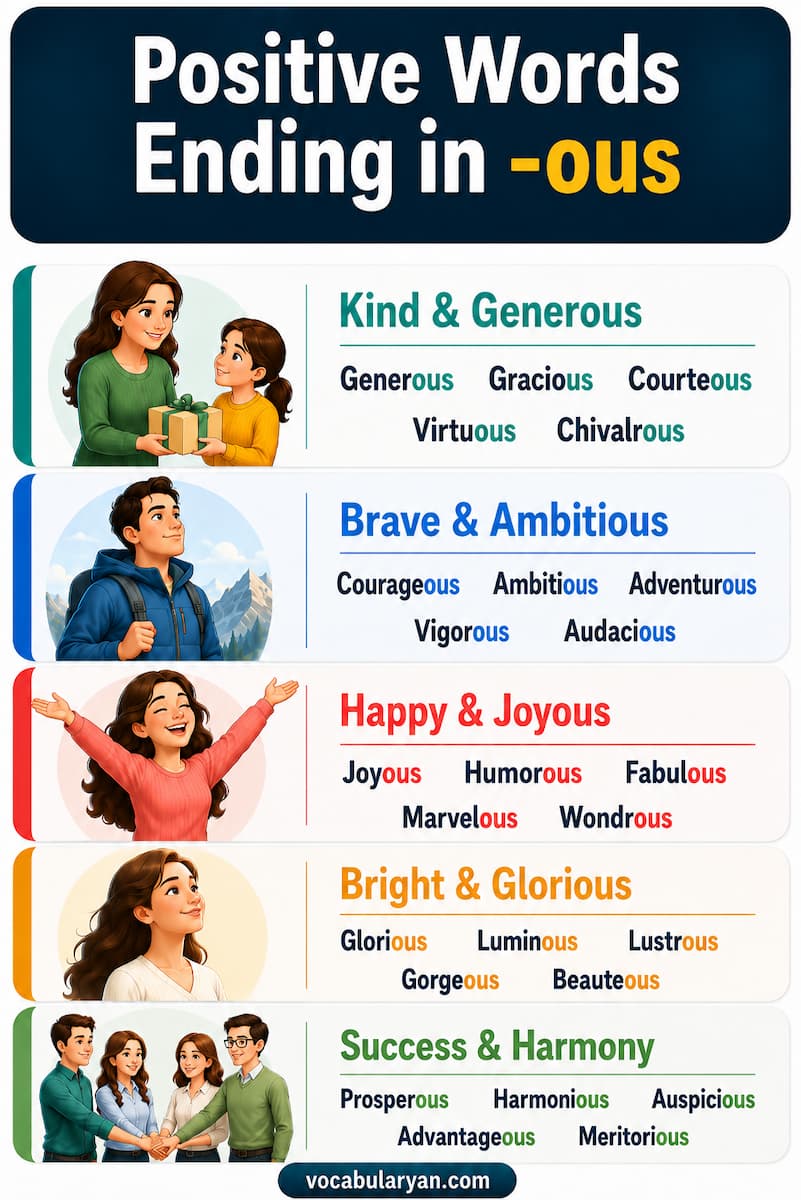 Positive words ending in -ous such as generous, gracious, courageous, and joyous