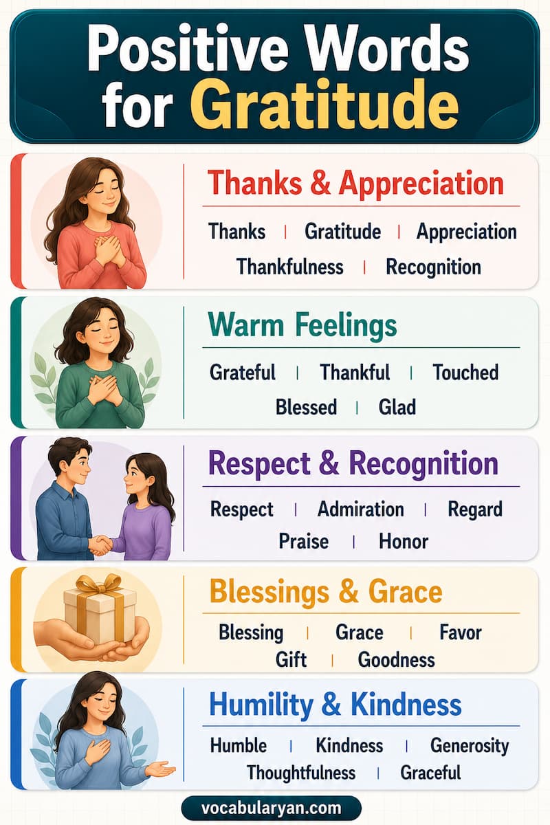 Positive words for gratitude such as grateful, thankful, appreciative, blessed, and humbled