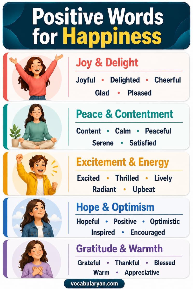 Positive words for happiness such as joyful, cheerful, delighted, grateful, and pleased