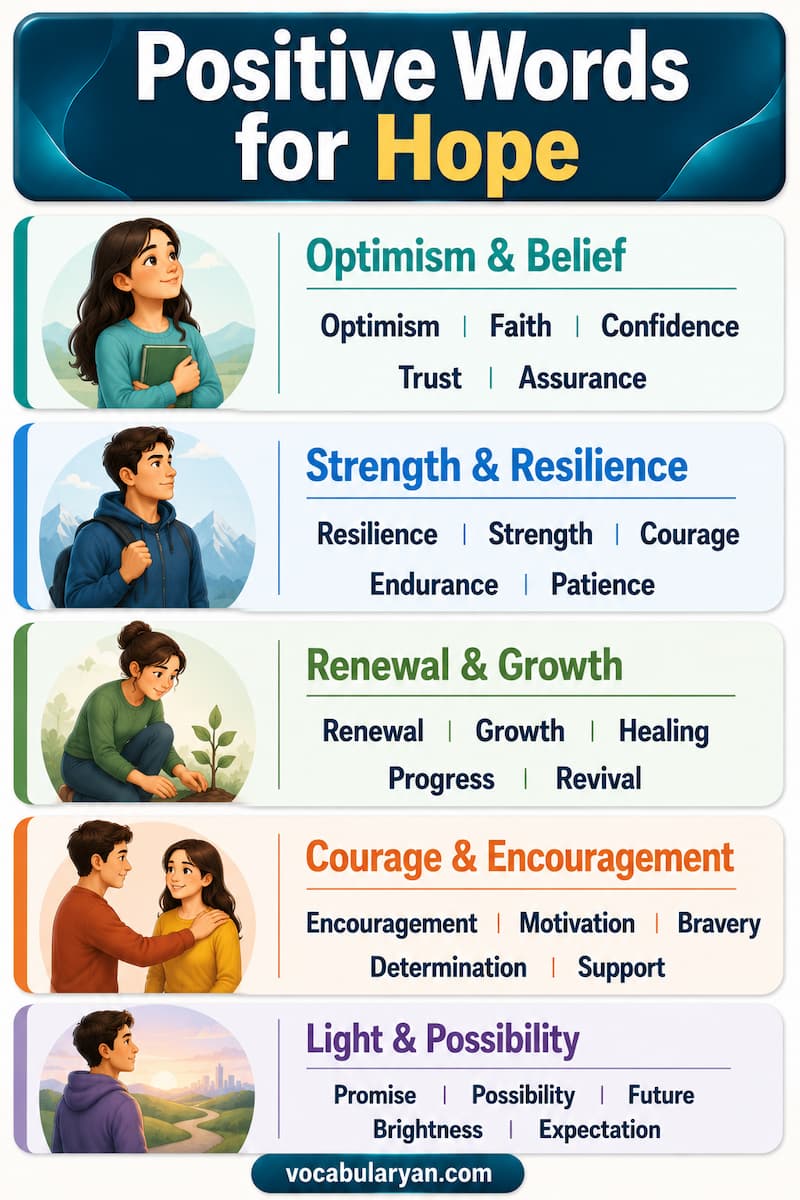Positive words for hope such as hopeful, optimistic, inspired, resilient, and encouraged