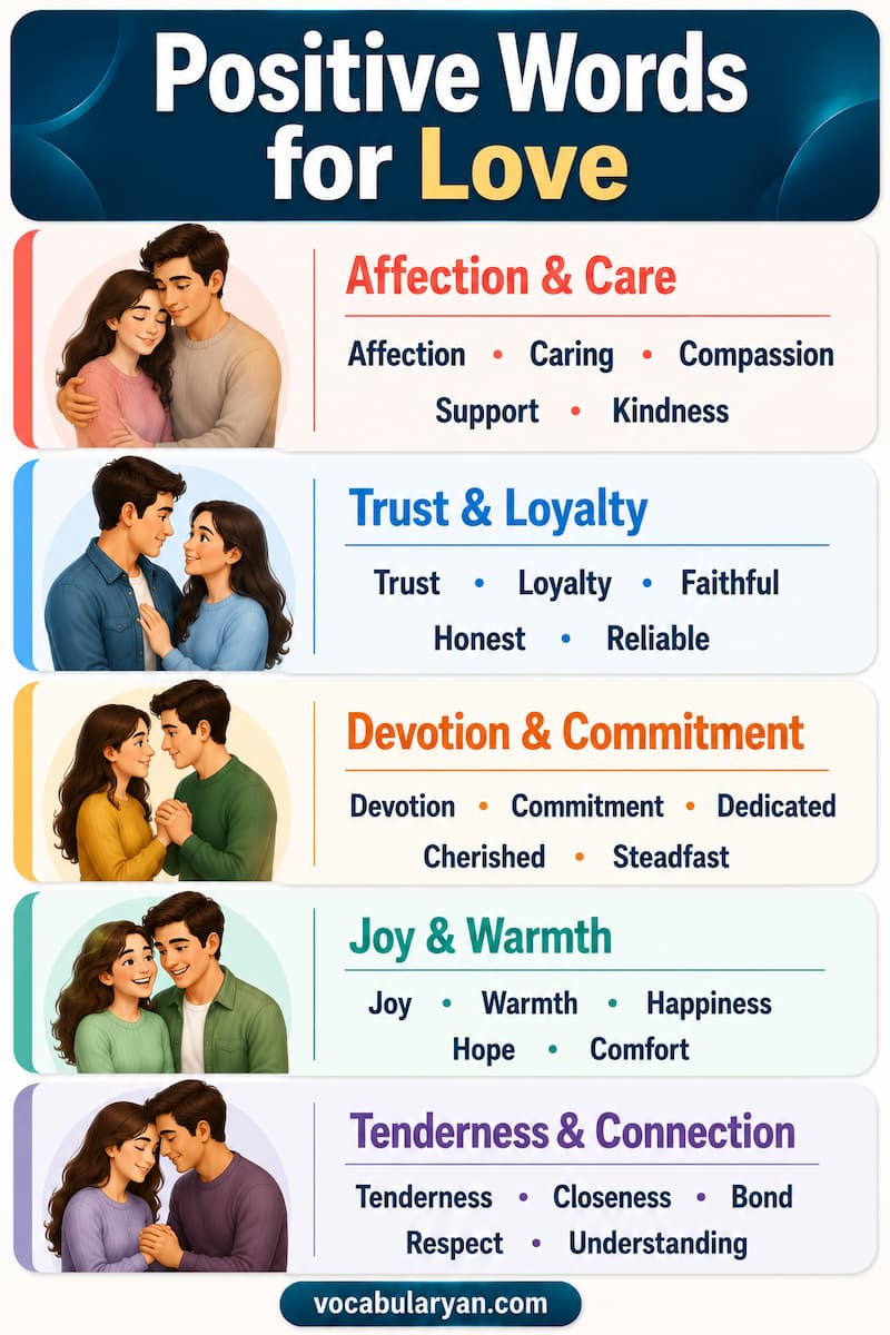 Positive words for love such as loving, devoted, caring, affectionate, and tender