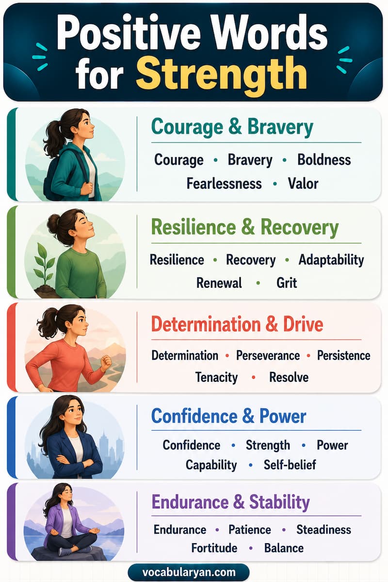 Positive words for strength such as brave, resilient, determined, courageous, and confident