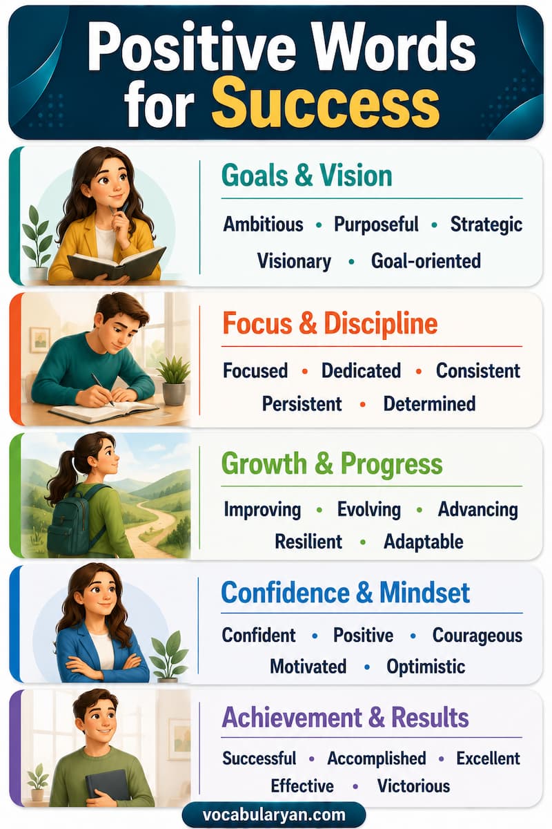 Positive words for success such as successful, accomplished, thriving, victorious, and capable