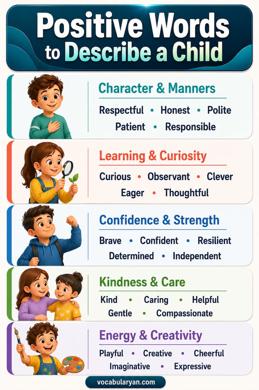 Positive words to describe a child draw from curiosity, kindness, and energy — curious, kind, playful, bright, and creative.
