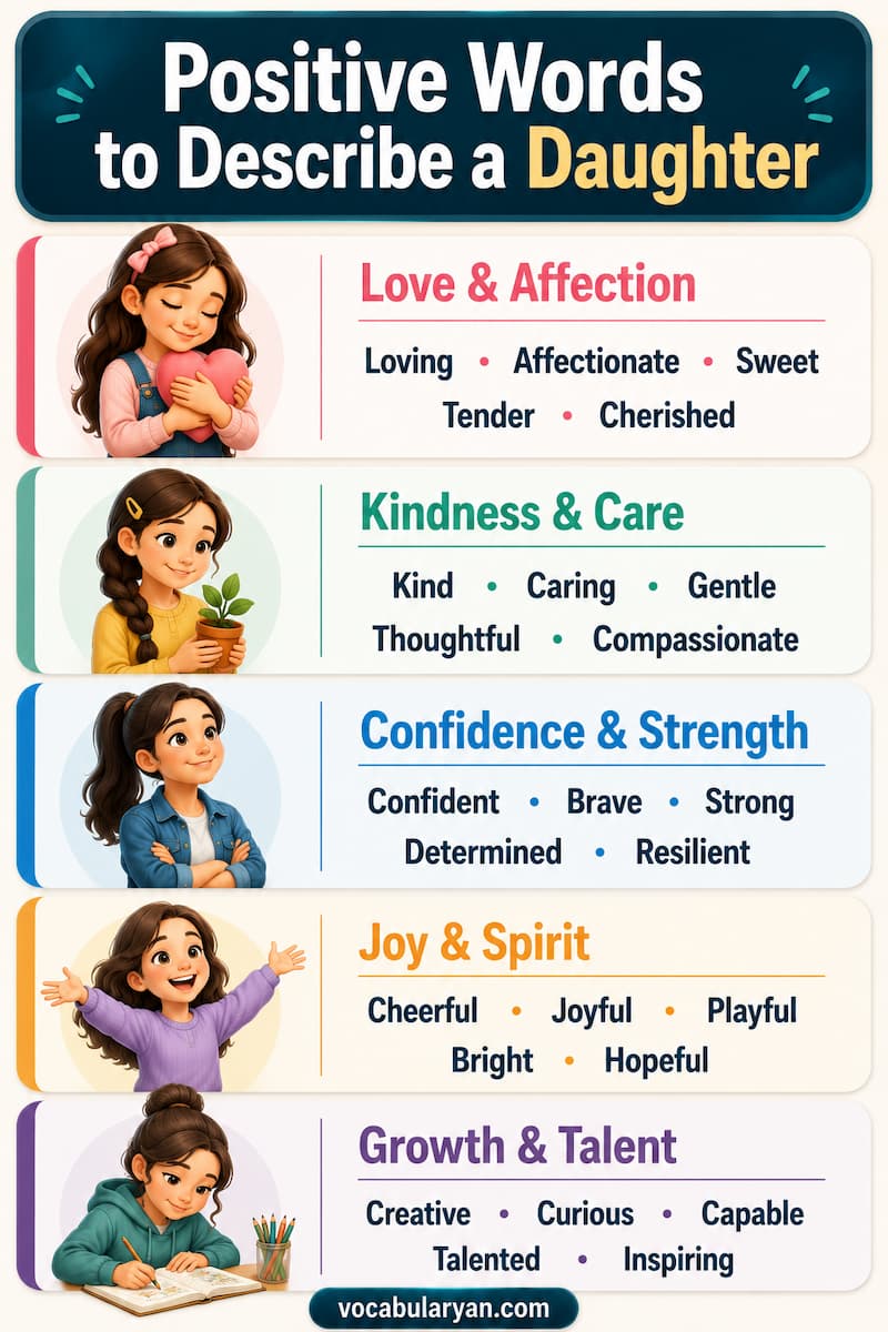 Positive words to describe a daughter such as loving, kind, bright, thoughtful, and brave