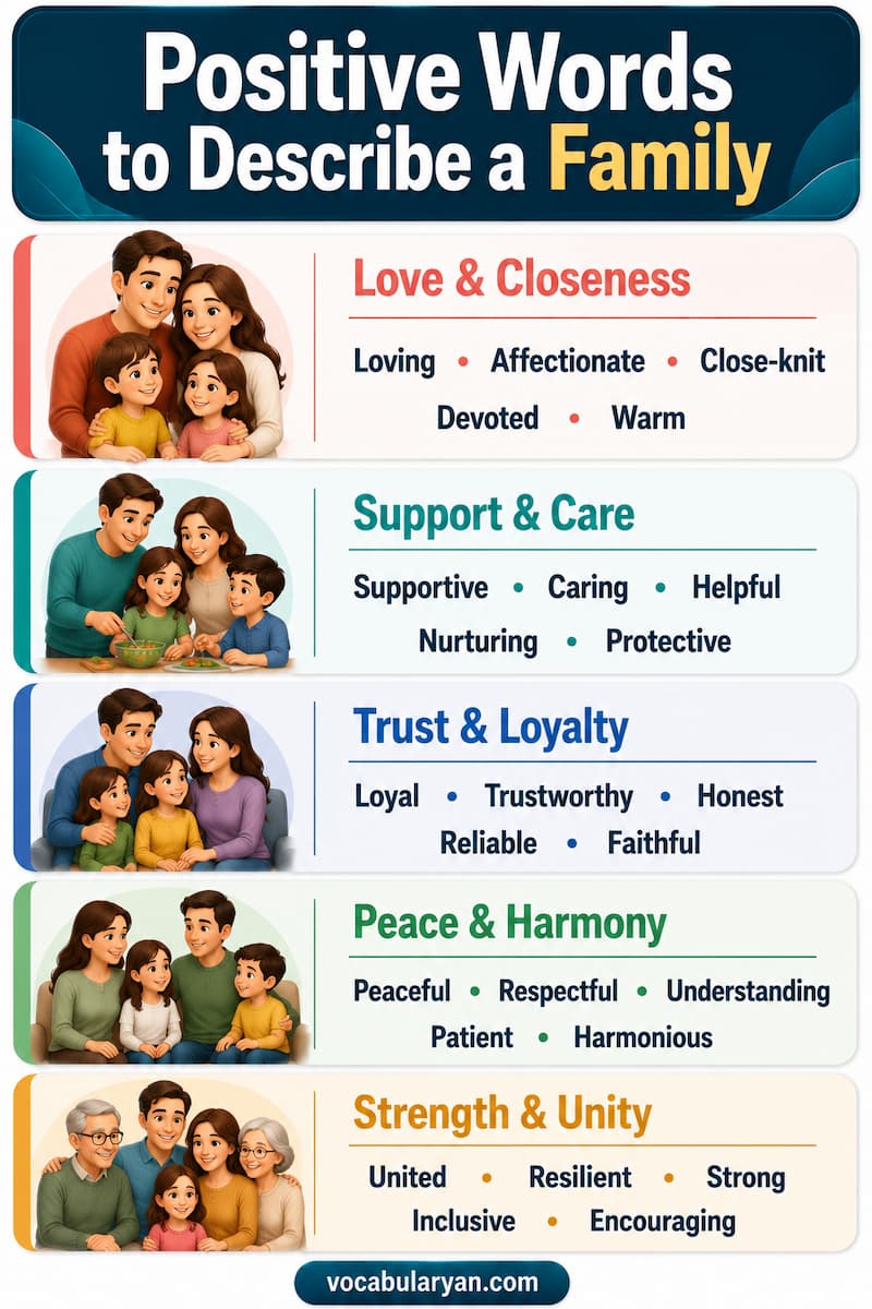 Positive words to describe a family such as loving, supportive, caring, and loyal