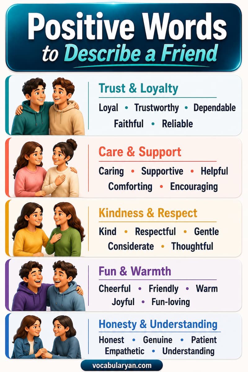 Positive words to describe a friend — loyal, supportive, funny, caring, trustworthy, dependable, and thoughtful as friendship qualities.