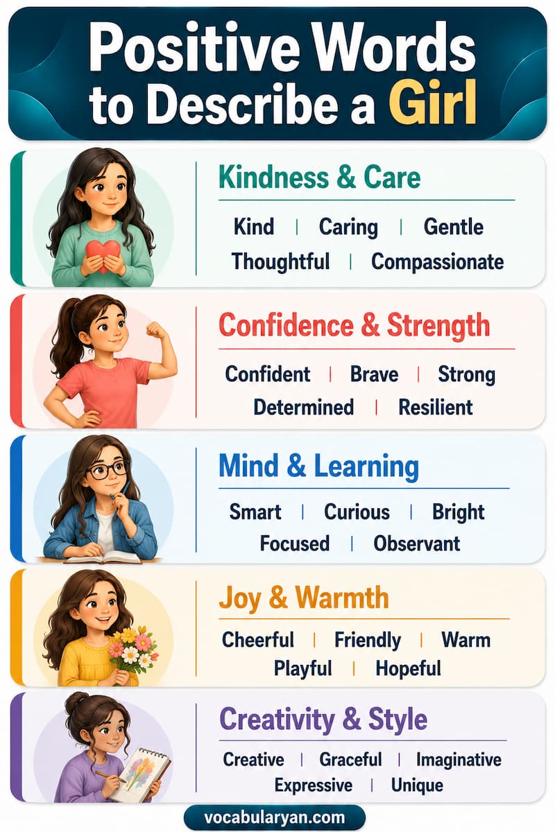 Positive words to describe a girl such as kind, confident, intelligent, and brave