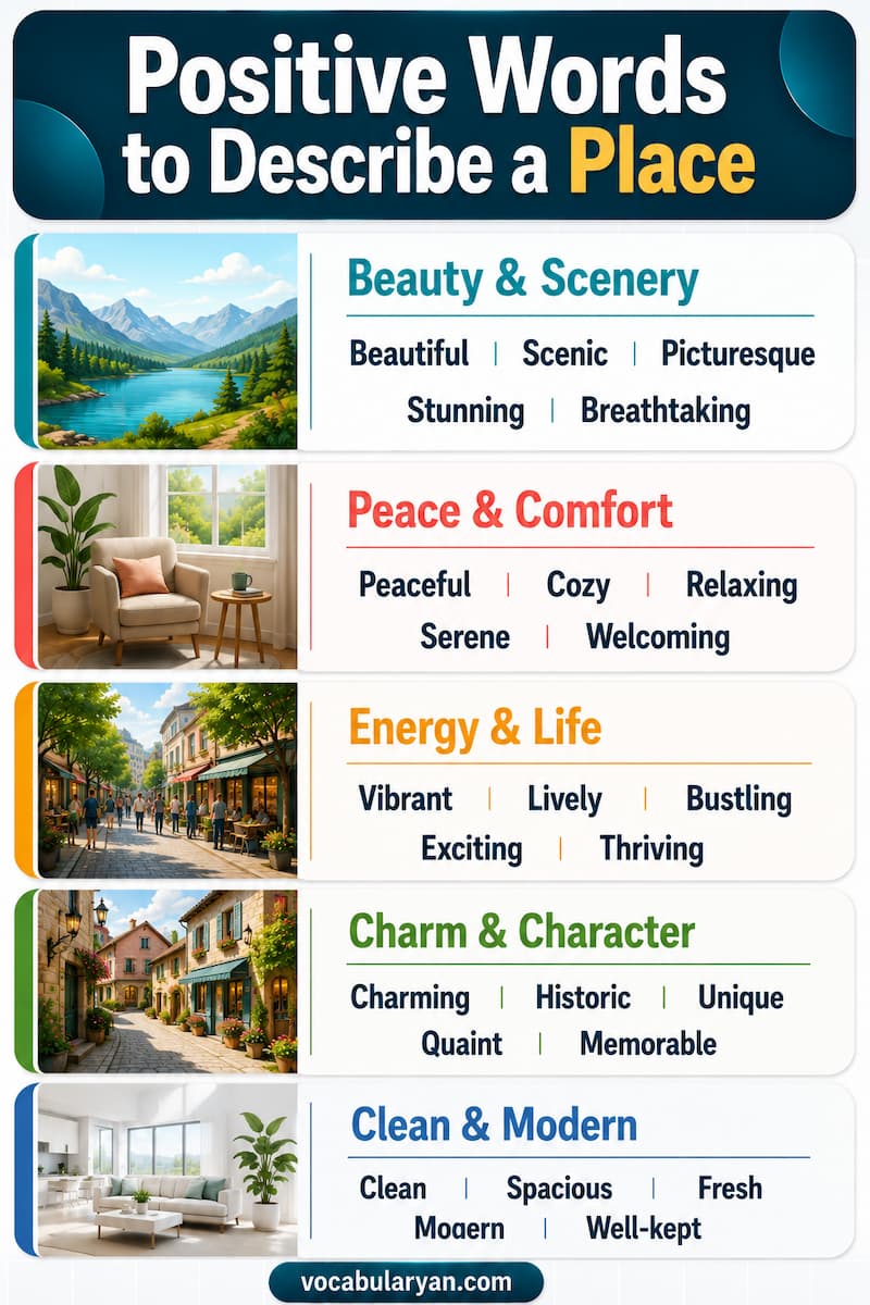 Positive words to describe a place such as beautiful, peaceful, welcoming, and charming