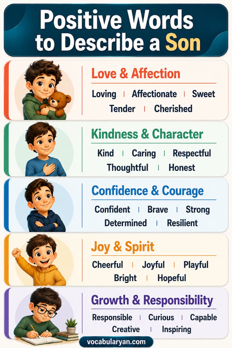Positive words to describe a son such as loving, kind, brave, respectful, and responsible