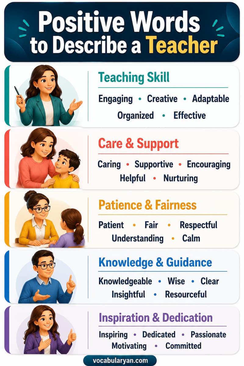 Positive words to describe a teacher such as patient, inspiring, supportive, and knowledgeable