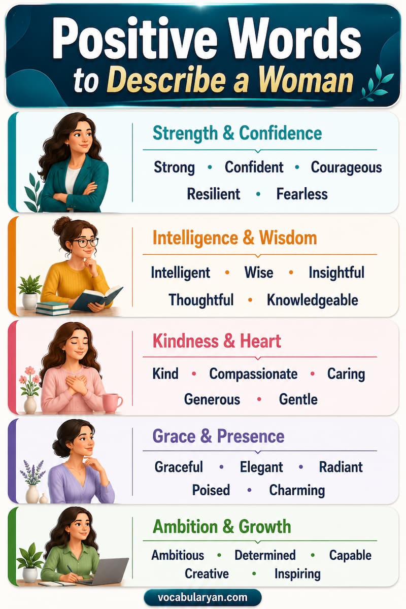 Positive words to describe a woman span strength, intellect, and warmth — strong, resilient, brilliant, compassionate, graceful, and inspiring.