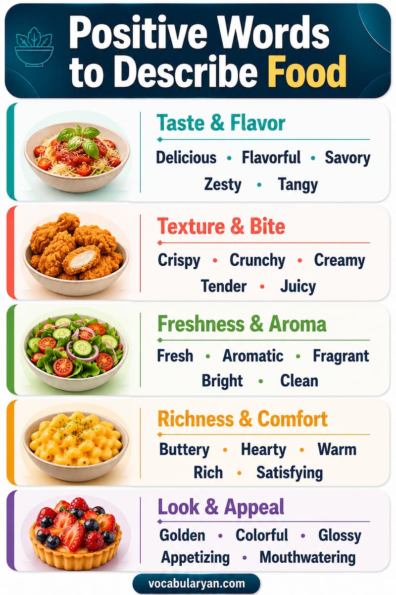 Positive words to describe food such as delicious, fresh, savory, sweet, and crispy