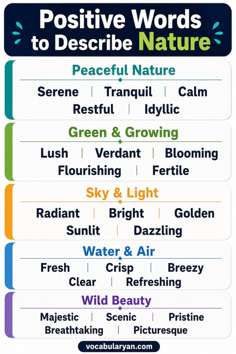 Positive words to describe nature such as serene, lush, vibrant, breathtaking, and peaceful