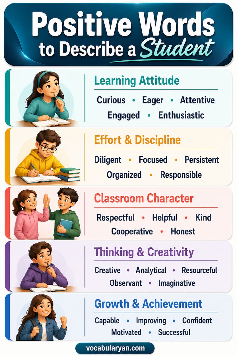 Positive words to describe students reach across engagement, effort, and character — engaged, motivated, curious, diligent, thoughtful, and responsible.
