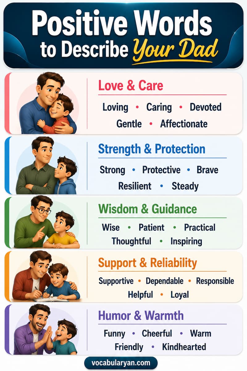 Positive words to describe your dad such as supportive, loving, strong, and wise