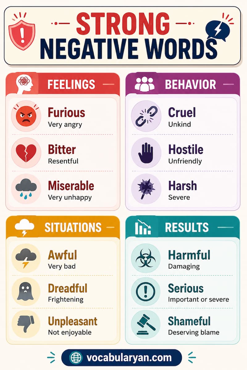 Strong Negative Words in English such as dreadful, furious, toxic, and unbearable