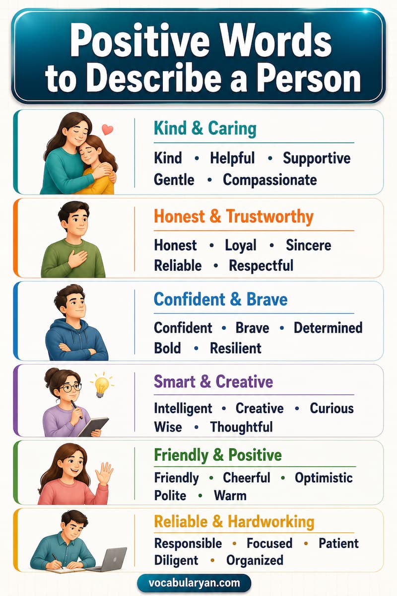 Positive words to describe a person, featuring adjectives like kind, honest, generous, loyal, and compassionate.