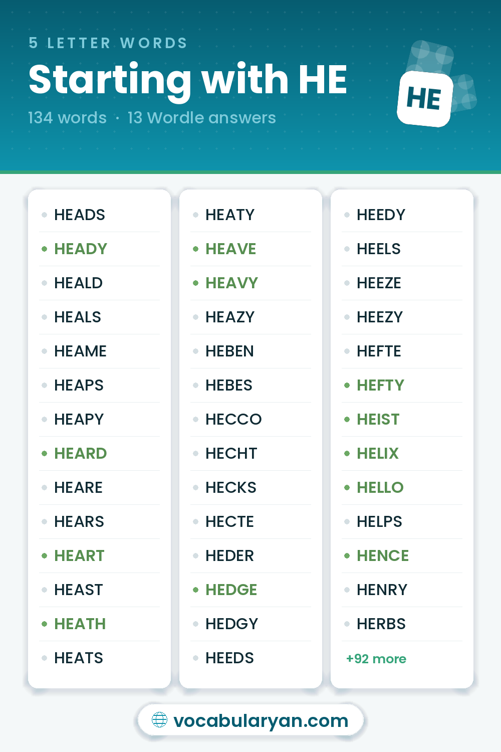 5 Letter Words Starting with HE with Wordle answers like HEADY, HEARD, and HEART