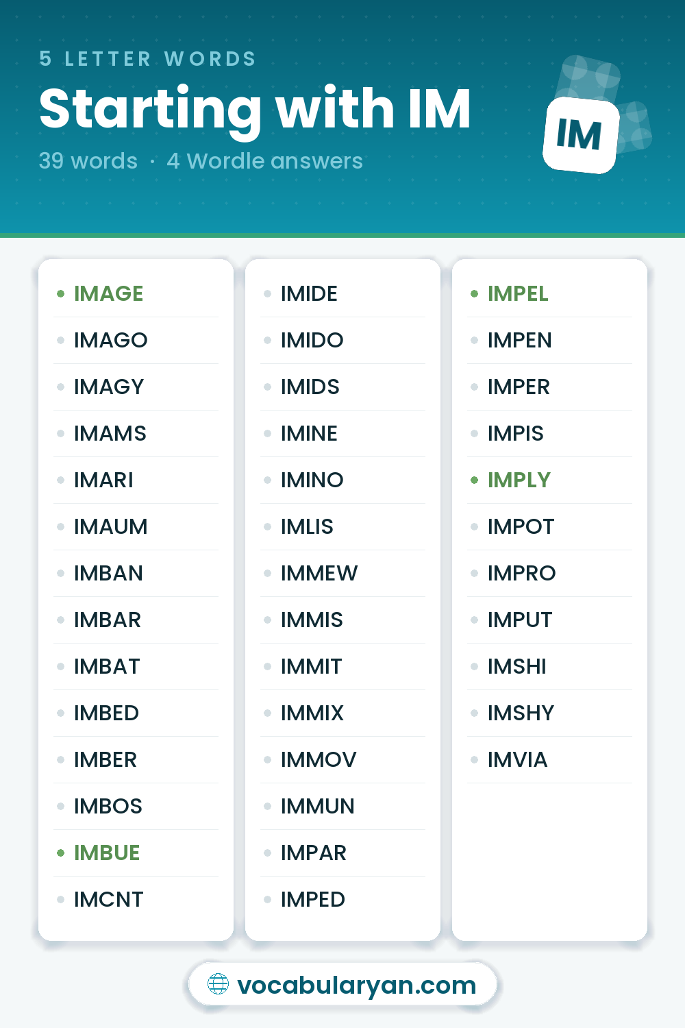 5 Letter Words Starting with IM such as IMAGE, IMBUE, and IMPEL