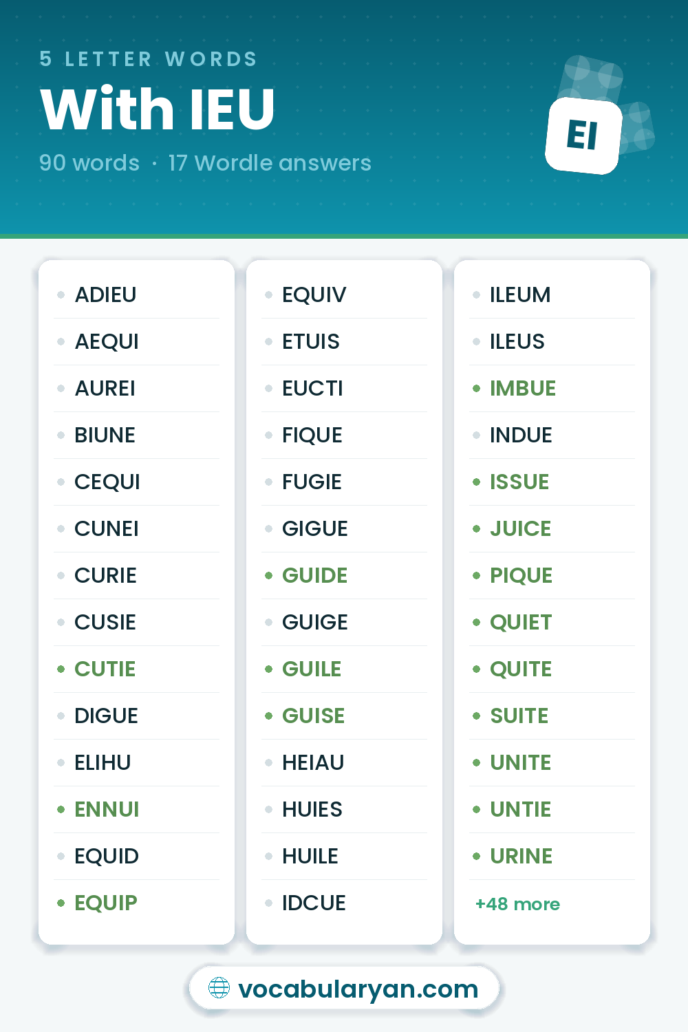 5 Letter Words With IEU with answers like CUTIE, ENNUI, and EQUIP