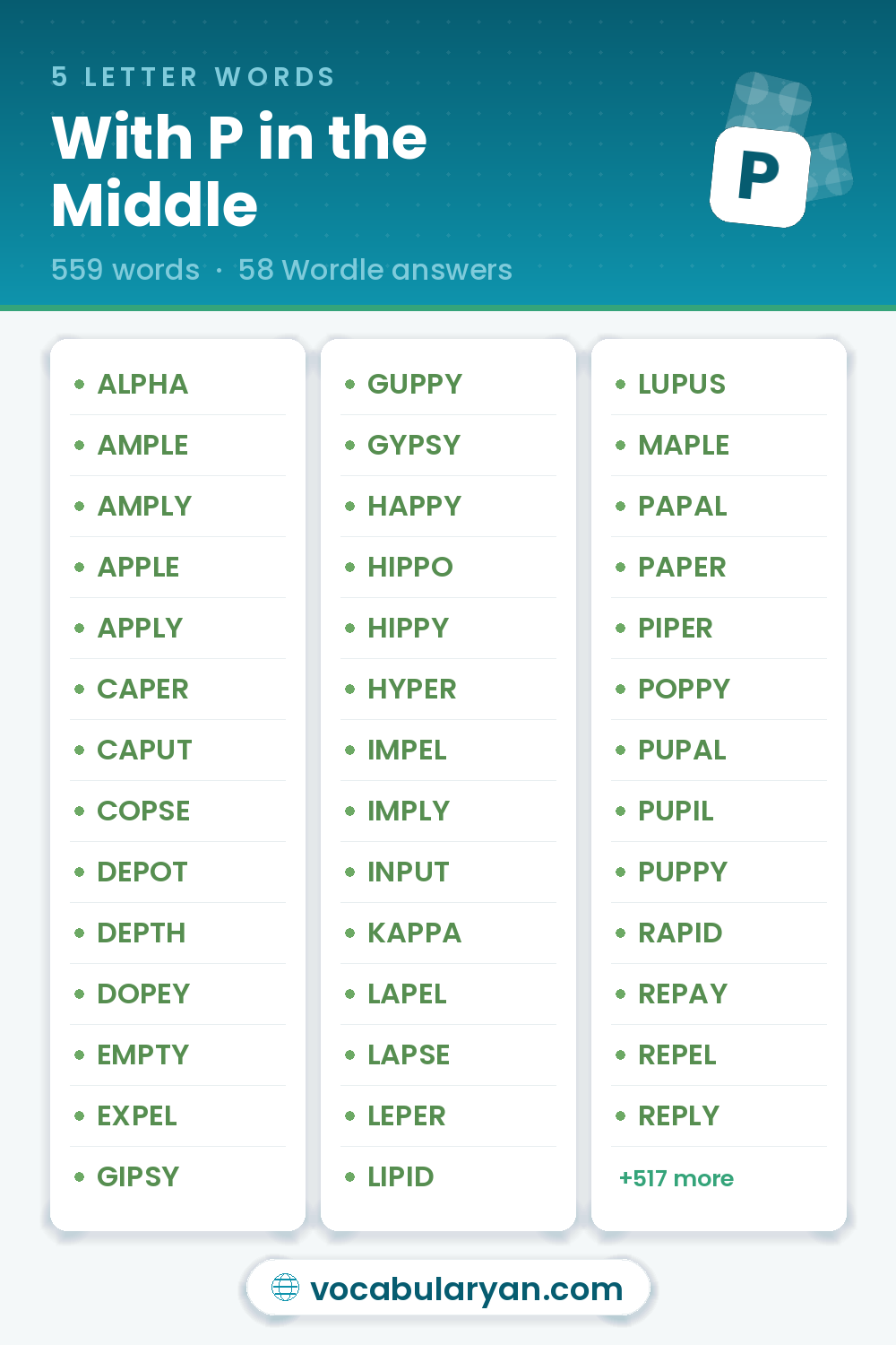 5 Letter Words With P in the Middle with answers like ALPHA, AMPLE, and AMPLY