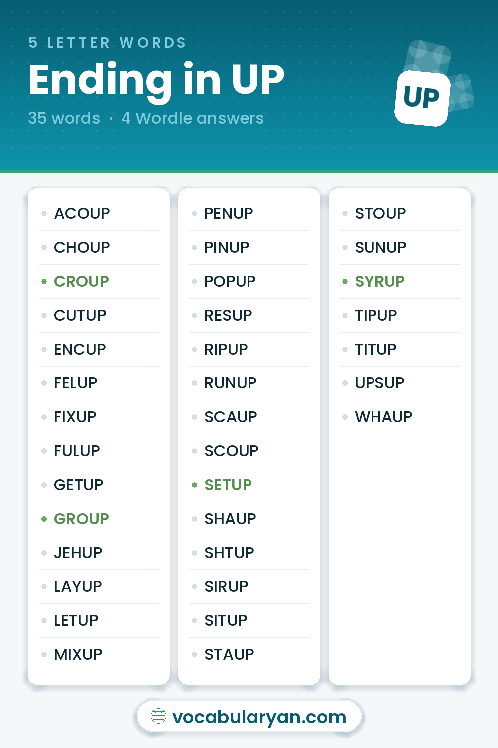 5 Letter Words Ending in UP such as CROUP, GROUP, and SETUP