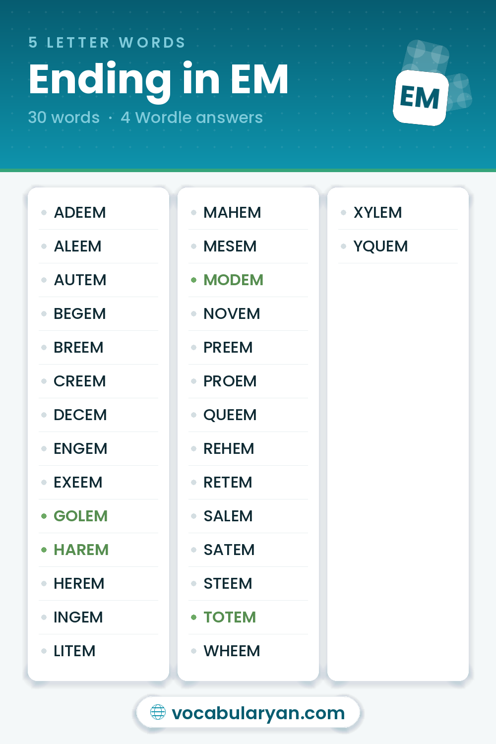 5 Letter Words Ending in EM such as GOLEM, HAREM, and MODEM