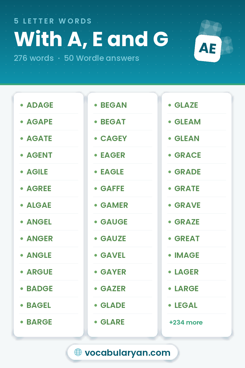 5 Letter Words With A, E and G with answers like ADAGE, AGAPE, and AGATE