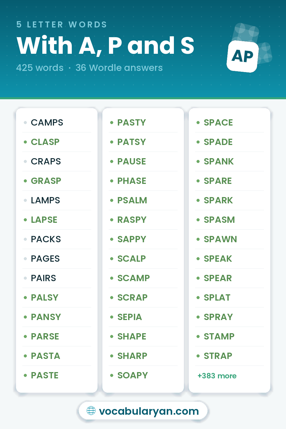 5 Letter Words With A, P and S such as CLASP, GRASP, and LAPSE