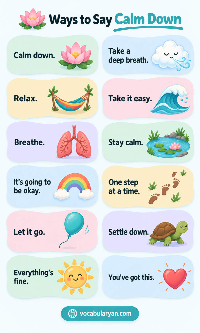Ways to say calm down in English with synonyms and examples for speaking and writing