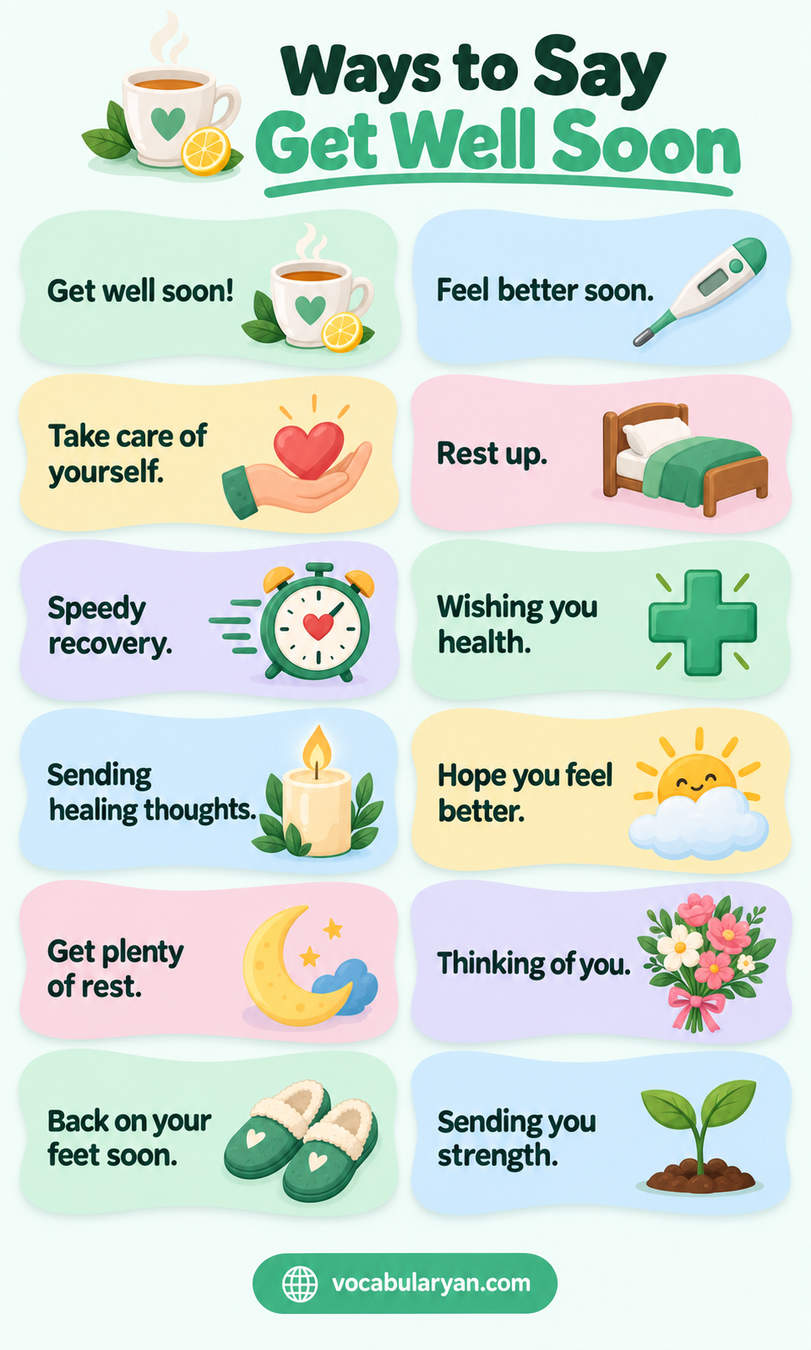 Ways to say get well soon in English with example sentences and uses for spoken English