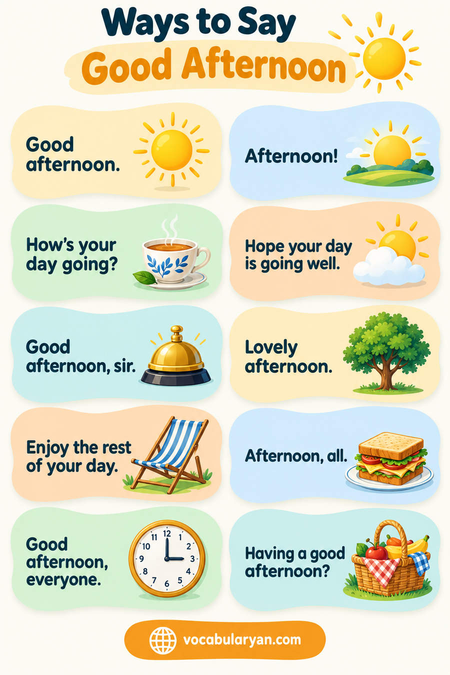 Ways to say good afternoon in English shown as synonyms and phrases for English conversation and speaking