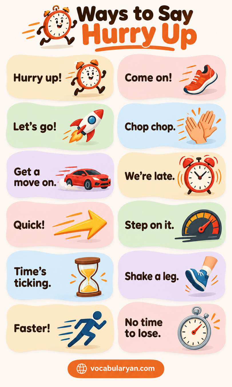 Ways to say hurry up in English with synonyms and example sentences for everyday English conversation