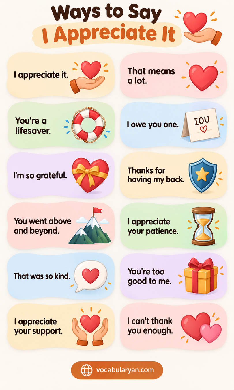 Ways to say I appreciate it in English with example sentences and uses for spoken English