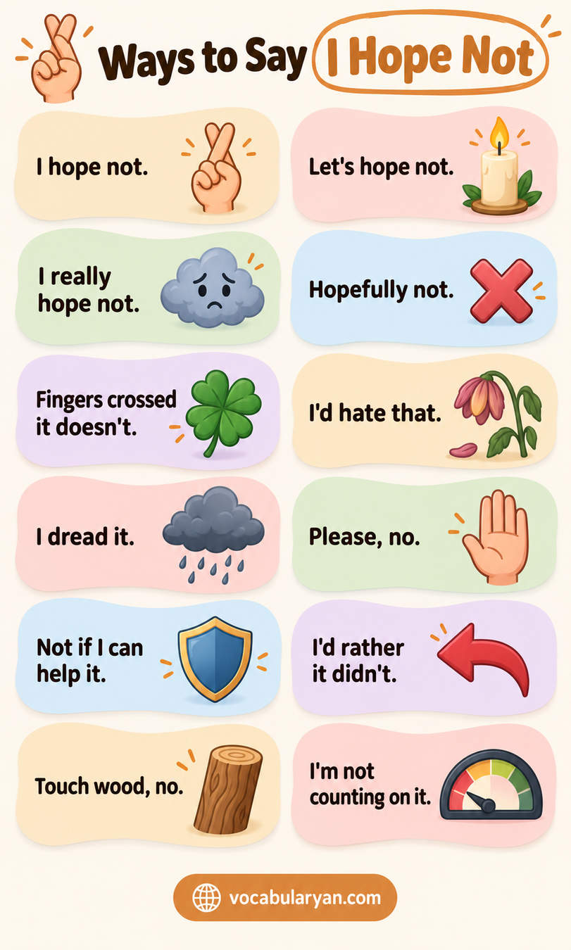 Ways to say I hope not in English with synonyms and examples for speaking and writing