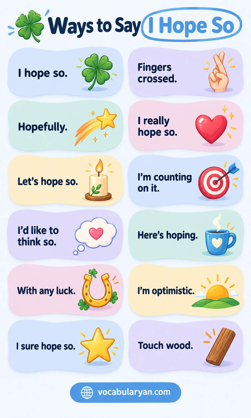 Ways to say I hope so in English shown as synonyms and phrases for English conversation and speaking