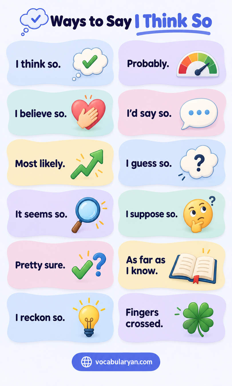 Ways to say I think so in English with synonyms and examples for speaking and writing