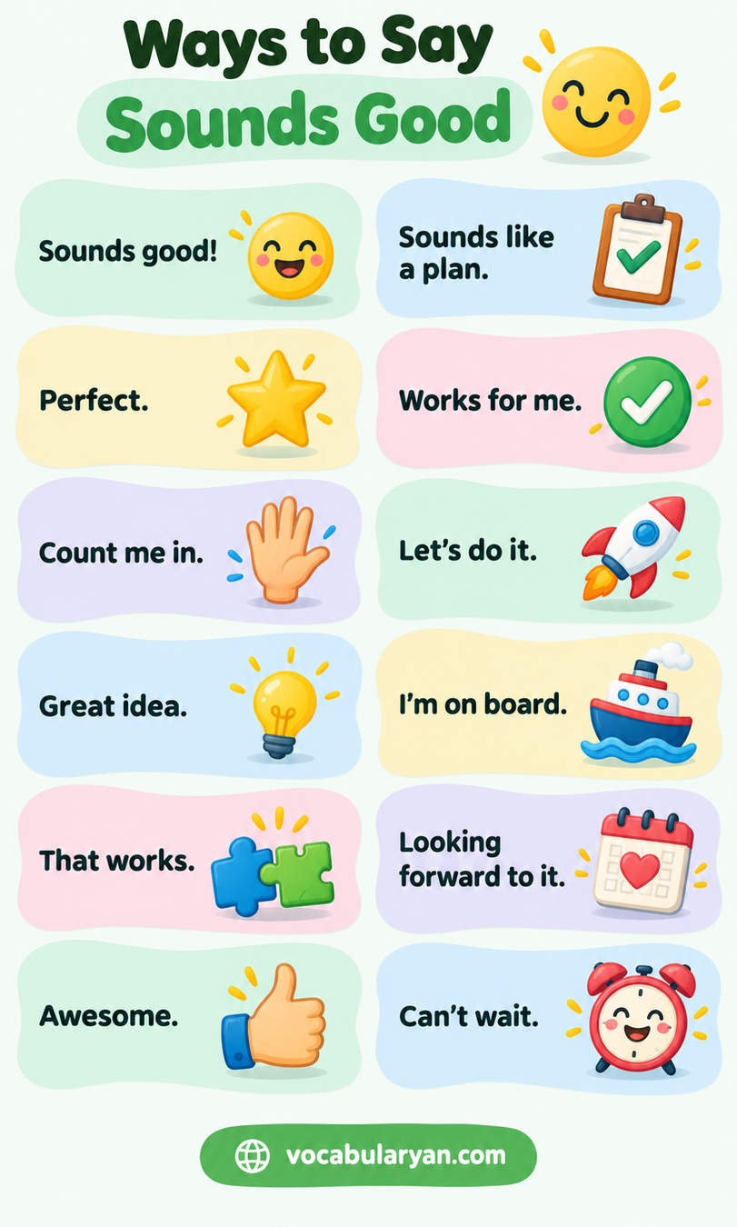 Ways to say sounds good in English with synonyms and example sentences for everyday English conversation